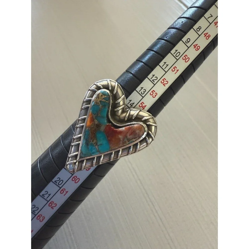 Kingman Turquoise Spiney Oyster Heart Ring Handmade Sterling Silver Ring Size 10